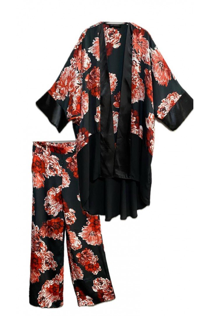 KIMONO AND PANT SET  RED FLOWER PATTERNED